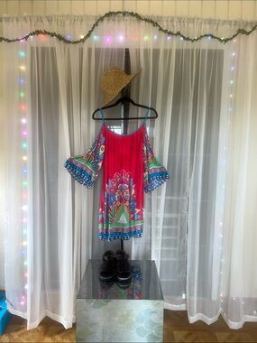 Flying Tomato Bright Pink Cold-Shoulder Mini Dress with Multicolor Floral Print